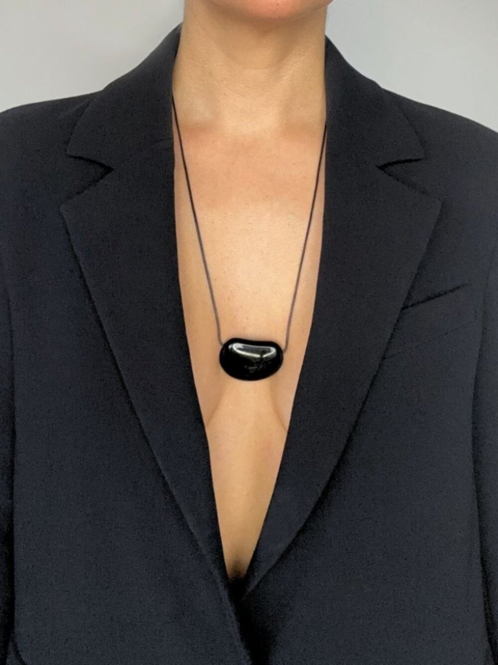 Black Bean Necklace - Irregular Pebble Statement Pendant - Adjustable Cord - Picture 2 of 7